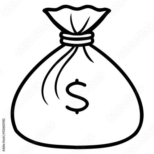 A simple line drawing of a money bag with a dollar sign in the center of it on transparent background