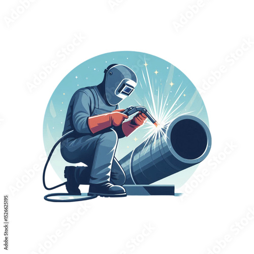 Skilled Welder at Work Welding Metal Pipe Industrial Construction Manufacturing