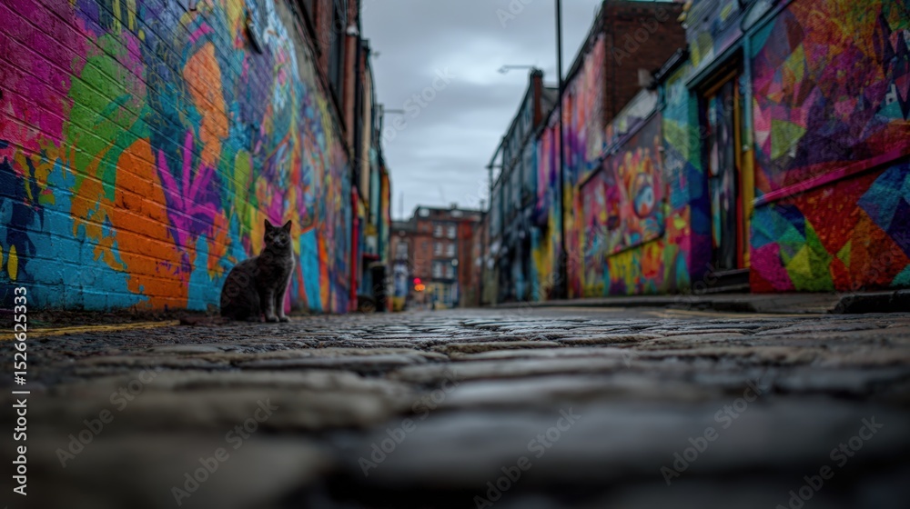 Fototapeta premium Cat on Cobblestone Road with Colorful Murals and Street Art