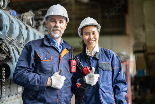 Project Engineer train male and female Inspect the train's diesel engine, railway track in depot of train. photo