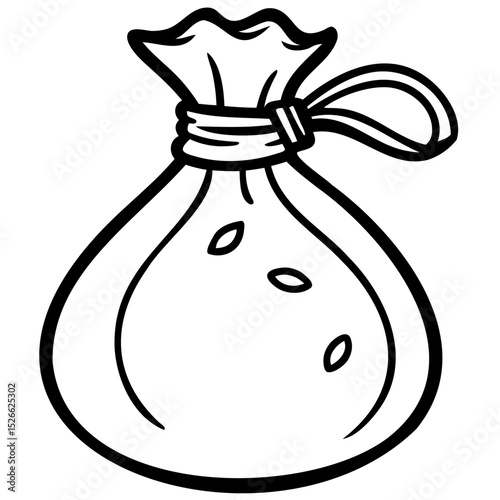 A simple line drawing of a tied sack with visible seeds inside and a tied rope on transparent background