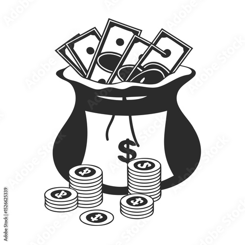 A money bag overflowing with dollar bills and stacks of coins surrounding the bag on transparent background