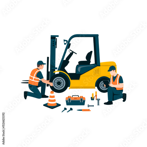 Two mechanics efficiently perform maintenance on a yellow forklift truck ensuring optimal functionality and safety in a warehouse or industrial setting.