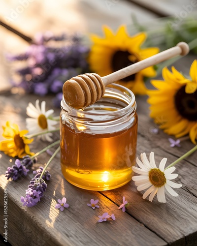 Golden Nectar: A glass jar of golden honey, a wooden dipper resting on top, surrounded by sunflowers, daisies and lavender, a testament to the gifts of nature and the sweet rewards of hard work. 