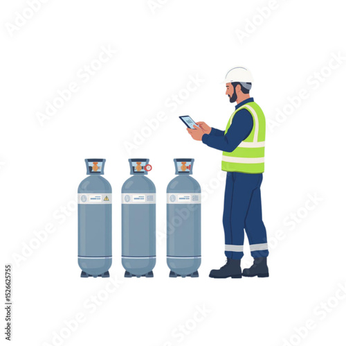 Industrial Worker Inspecting Gas Cylinders Using a Tablet for Safety and Inventory Management