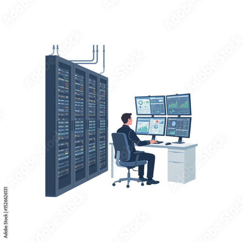 Data Center Administrator Monitoring Server Room Network Performance with Multiple Screens Showing System Data and Graphs