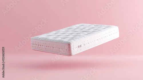 White mattress floating against a minimal pink background. Concept of comfortable sleep and modern bedroom design.
