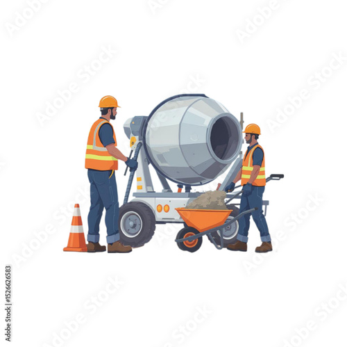 Construction Workers Operating a Cement Mixer and Wheelbarrow on a Construction Site