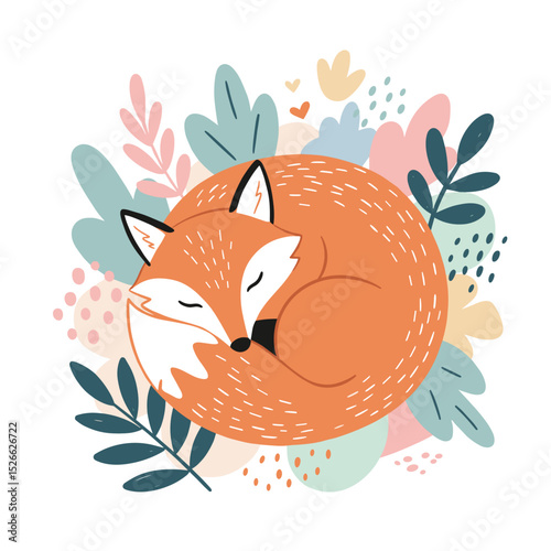Sleeping fox curled up among colorful foliage and flowers , Suitable for printing on products: T-shirts, bags, mugs, children's products