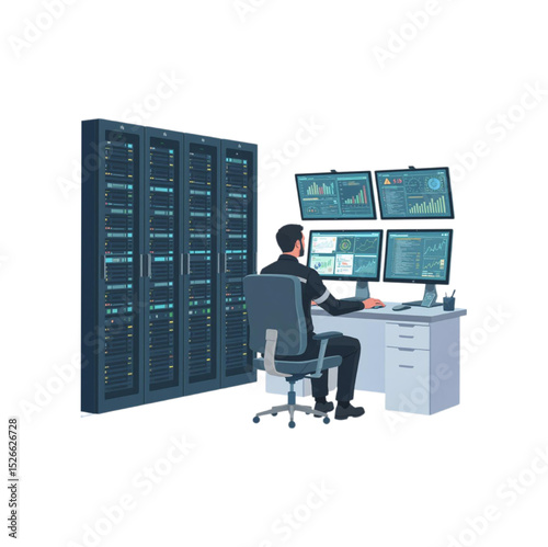 IT Specialist Monitoring Server Racks and Multiple Screens Displaying Data Analytics and System Performance