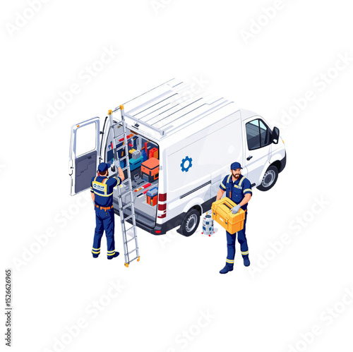 Two repairmen unloading equipment from a service van ready for work a professional isometric illustration depicting a mobile repair team efficiency and preparedness