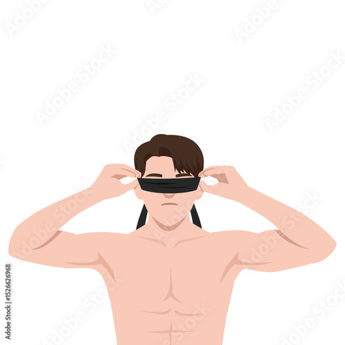 Serious looking shirtless man is tying a black blindfold over his eyes, Unknown challenge. Flat vector illustration isolated on white background