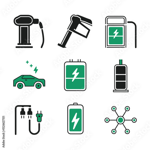 vector icons to vehicle fueling and charging a gasoline pump, an electric vehicle plug hydrogen mole