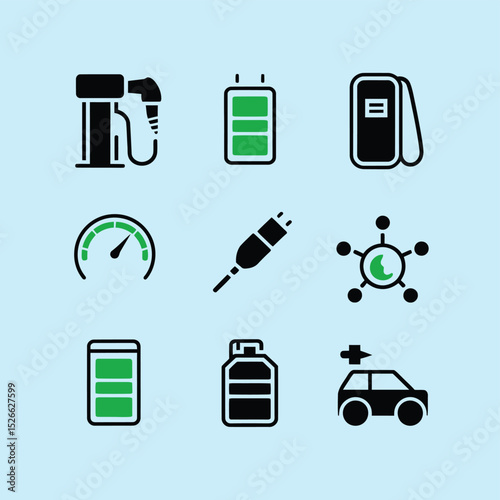 vector icons to vehicle fueling and charging a gasoline pump, an electric vehicle plug hydrogen mole