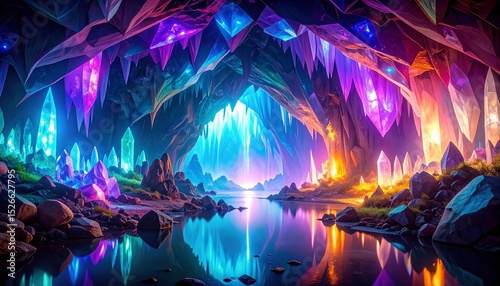 Colorful Crystalline Cave with Shimmering Light Reflections and Serene Water Pool