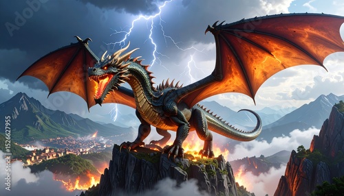 Majestic Dragon with Outstretched Wings Roaring Amidst a Stormy Sky and Fiery Landscape