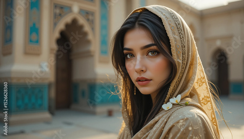 Captivating Gaze in Cultural Beauty: A portrait of elegance, a woman adorned in traditional attire stands gracefully amidst a historic architectural backdrop, with a captivating look.