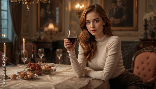 Elegant Dining: A beautiful woman in a stylish setting, raising a glass of red wine at an elegant table, evoking a sense of sophistication and pleasure.