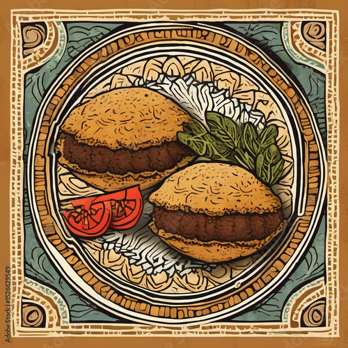 Woodcut Style Digital Painting of Falafel - Traditional Middle Eastern Food Art