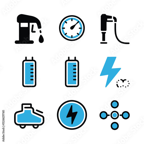 vector icons to vehicle fueling and charging a gasoline pump, an electric vehicle plug hydrogen mole