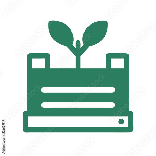 Plant icon growing from crate symbolizing green logistics and sustainable packaging solutions