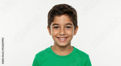 A young boy with brown hair and eyes smiles brightly while wearing a green shirt against a white background.
