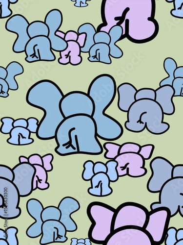 Cute Wild Animals Back of Elephants Walking on Green Background. Cute Cartoon Pattern for Baby School Kid Education and All Adorable Decoration as Book Cover Paper Wrapping Textiles Pajamas Bedding