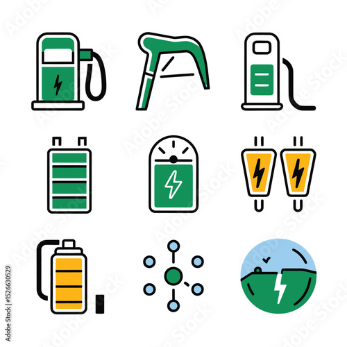 vector icons to vehicle fueling and charging a gasoline pump, an electric vehicle plug hydrogen mole