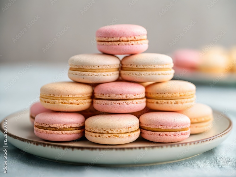Fototapeta premium A pyramid stack of pastel pink and beige macarons arranged neatly on a white ceramic plate.