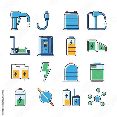 vector icons to vehicle fueling and charging a gasoline pump, an electric vehicle plug hydrogen mole