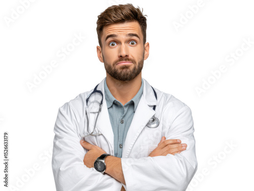 Professional with Uncertainty: A thoughtful medical professional, clad in a pristine white coat and stethoscope, appears perplexed and introspective. With a gaze of deep contemplation.