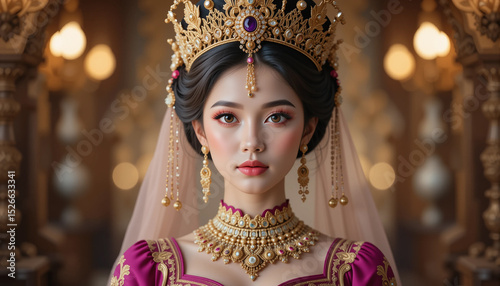 Royal Elegance: A portrait of a radiant princess, adorned in an exquisite crown and regal attire, exuding grace and sophistication in a majestic setting.