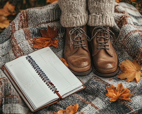 Cozy autumn scene with boots and notebook.