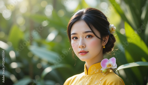 Ethereal Blossom: A portrait of a beautiful woman adorned with delicate orchids in a sun-drenched garden, radiating serenity and grace. 
