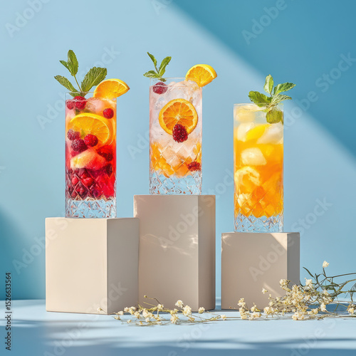 Wallpaper Mural A clean, high-resolution studio photo of three colorful summer drinks in tall, faceted glass tumblers, placed on minimalist beige pedestals of varying heights. High quality photo Torontodigital.ca