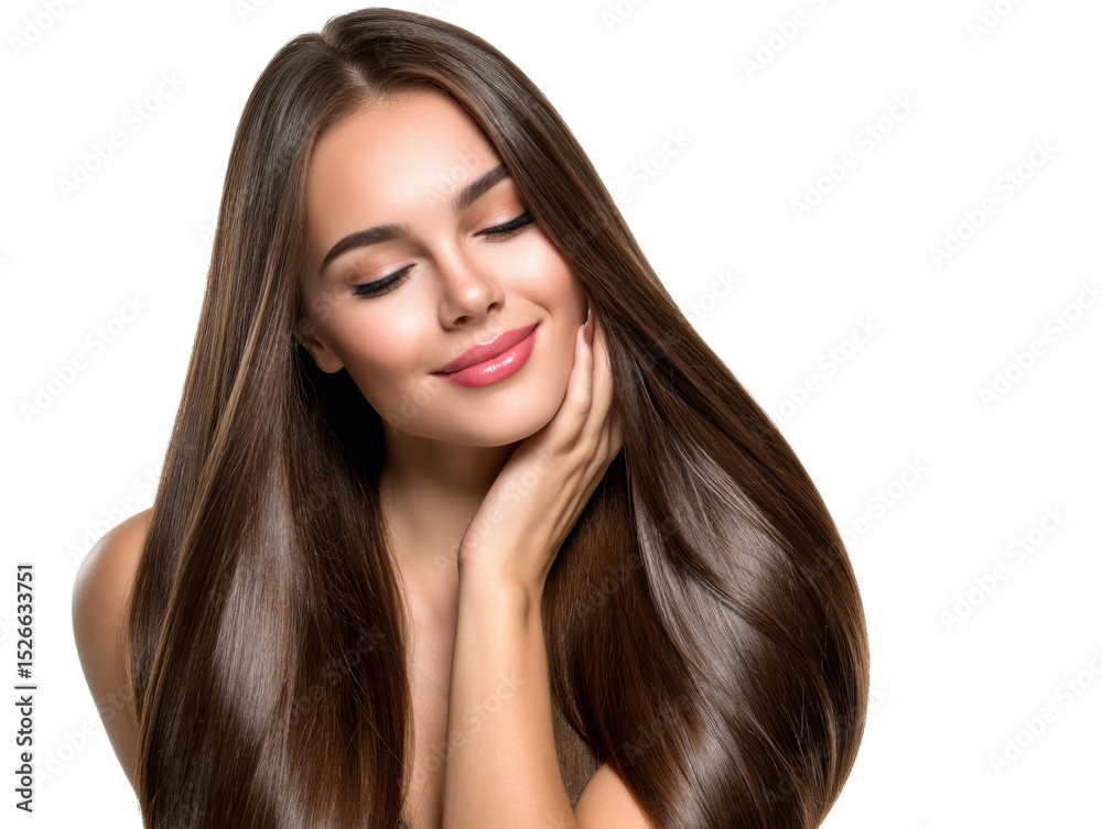 Fototapeta premium Radiant Woman with Long Brown Hair: A woman with radiant skin and remarkably long, straight brown hair gently touches her face, eyes closed in serene contentment.