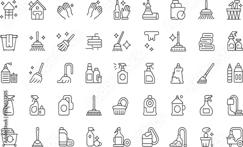 Household Cleaning and Hygiene Icons: Home Care, Sanitation, and Maintenance Line Art Set