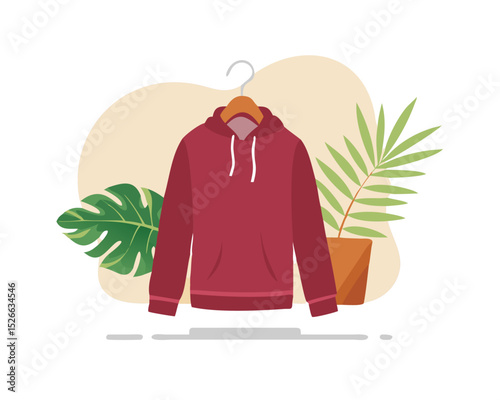 Maroon Hoodie with Front Pocket – Mockup on Concrete Wall, Realistic Fabric Design
