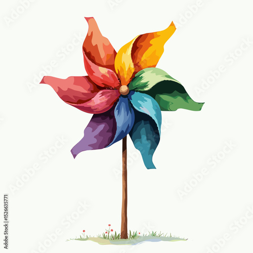 Colorful pinwheel toy on a stick in a grassy field  