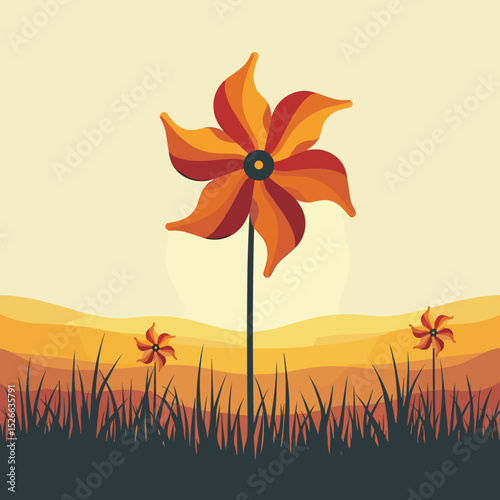 Colorful pinwheel flowers in grass against sunset background  