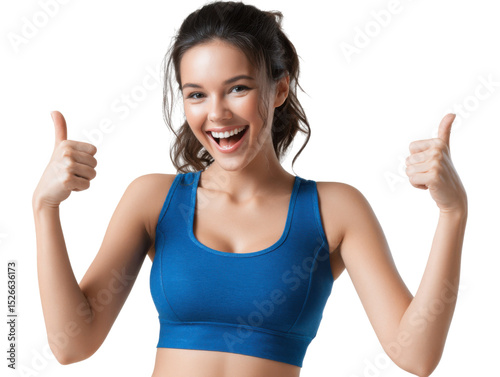 Fitness Fanfare: A vibrant woman in active wear offers a double thumbs-up, her smile radiating positivity and encouragement towards health and wellness.