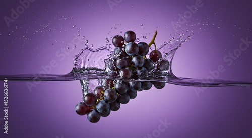 Grape cluster splashing into water against a gradient purple background, capturing motion and freshness.