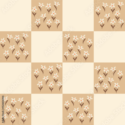 Beige checkered seamless pattern with dainty white floral bouquets