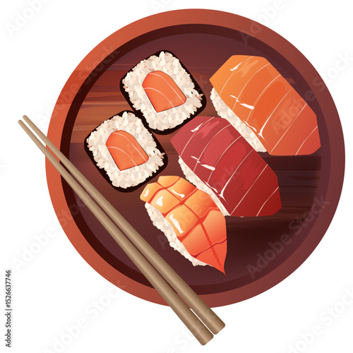 Traditional Japanese Sushi Platter with Chopsticks Vector Illustration