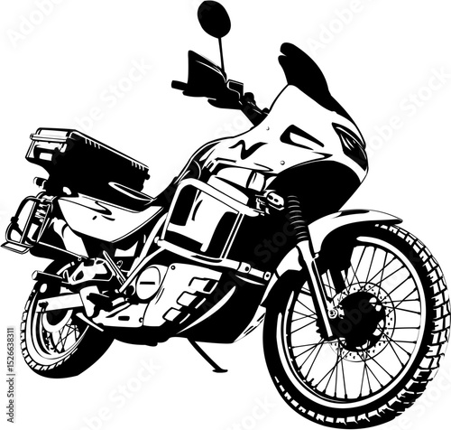 Touring motorcycle black and white, vector simple illustration, classic old motorcycle for traveling No bodies on white background