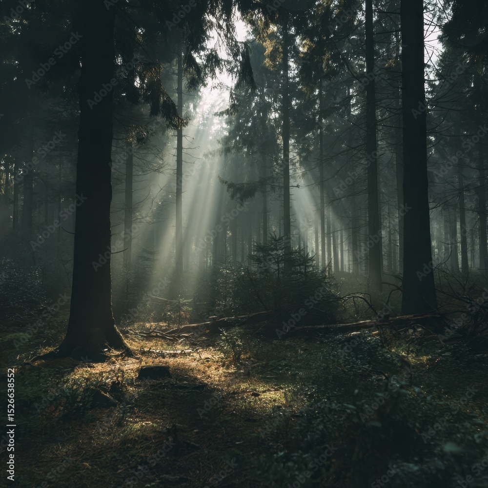 Obraz premium Sunlight path through forest