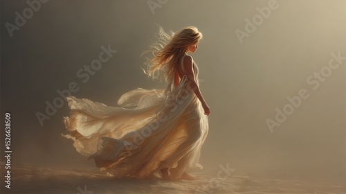 Woman in light cream dress with flowing skirt