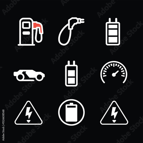 vector icons to vehicle fueling and charging a gasoline pump, an electric vehicle plug hydrogen mole