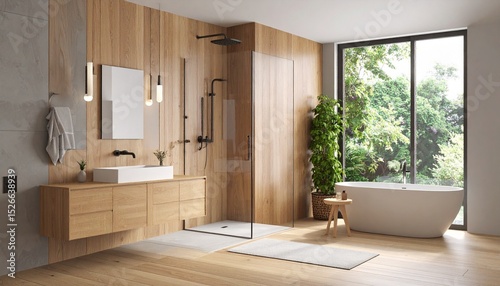 Aging in Place Designs concept Modern bathroom with wooden accents and large windows for natural light.