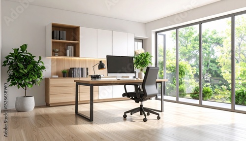 Aging in Place Designs concept Modern office interior with desk and large windows overlooking greenery.